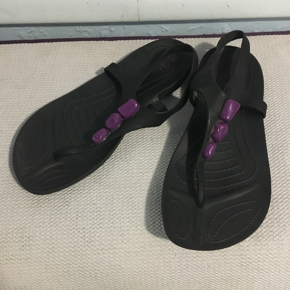 Crocs Black and Purple Sandals Size 8 Wide